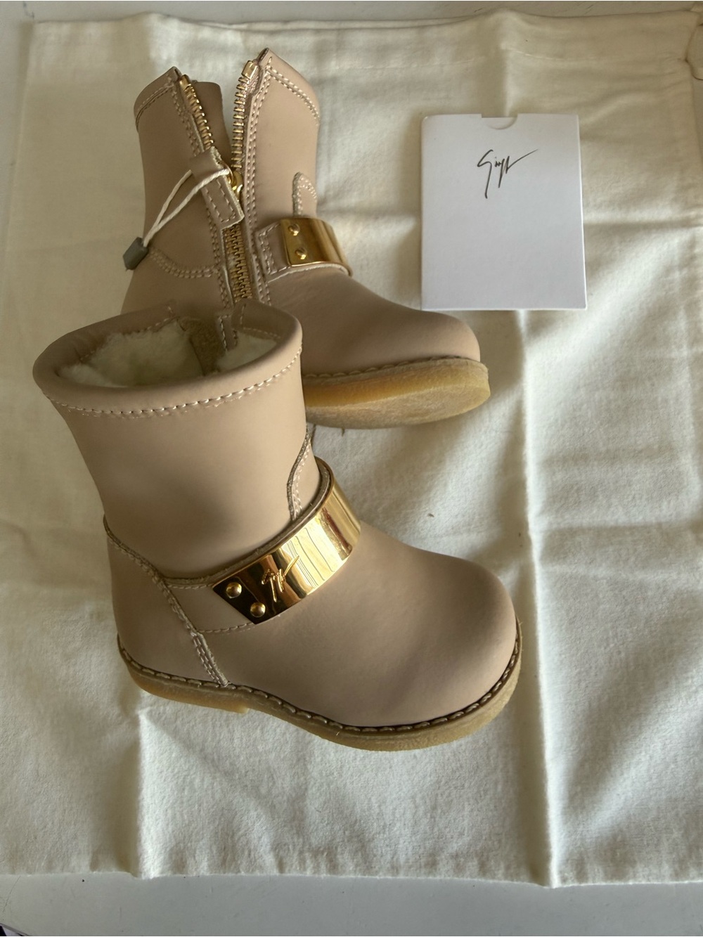 Giuseppe Zanotti Kids Beige Leather Gold-Accent Winter ankle Boots